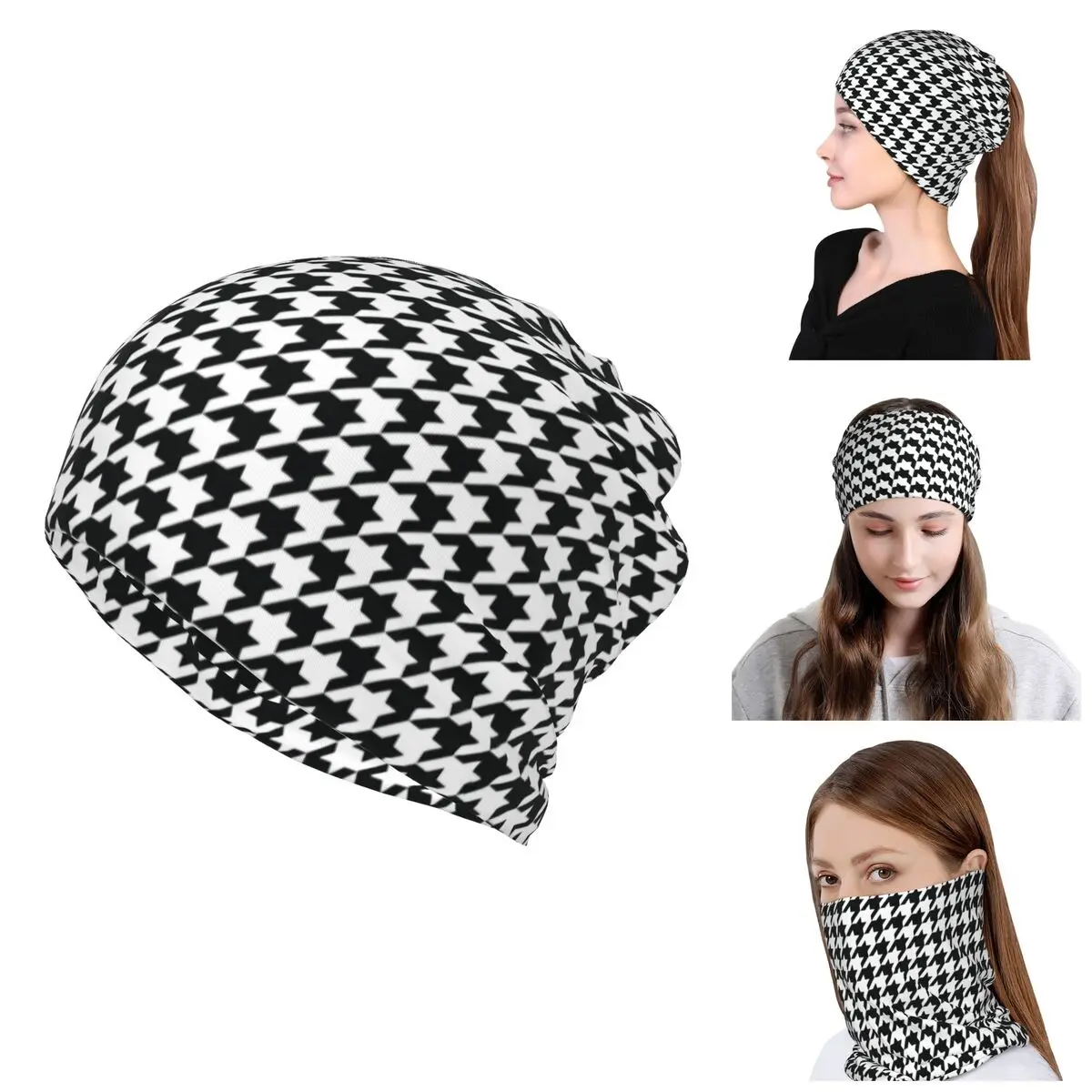 

Houndstooth Black And White Pattern Bandana Neck Knitting Skullies Beanies Caps Hiking Ski Scarf Gaiter Dogstooth Face Cover