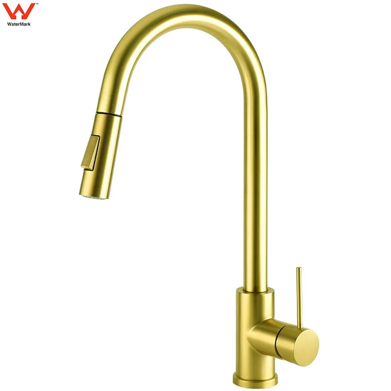 

KYLINS Brushed Kitchen Taps Stainless Steel Golden Faucet for Kitchen Sink Pull Out 2 Mode Water Mixer Washbasin Faucets Basin