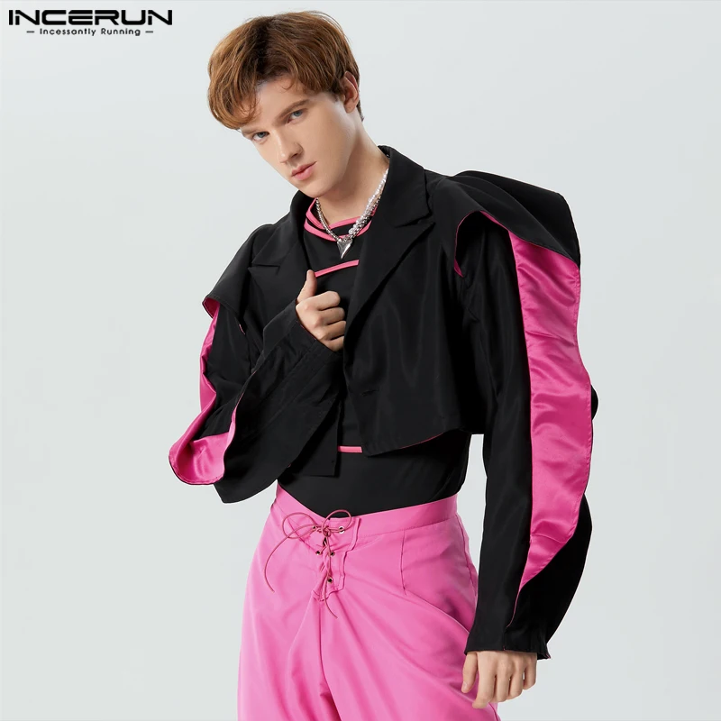 

Casual Stylish Tops INCERUN New Men Hollow Cropped Splicing Contrast Color Blazer Loose Silhouette Long Sleeved Suit Coats S-5XL