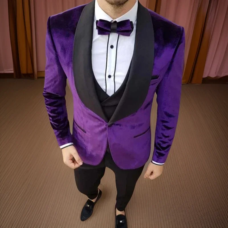 

Prom Suits For Men Slim Fit Wedding Groom Tuxedo Black Shawl Lapel 3 Pieces Male Fashion Costume (Blazer + Vest + Pants) 2024
