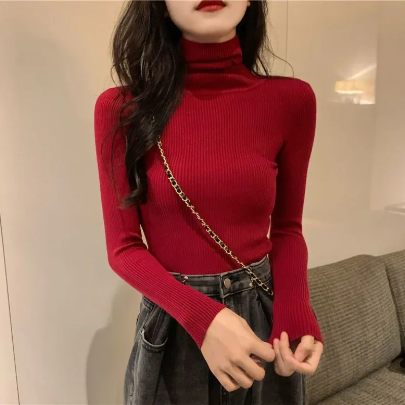 

2023 Autumn Winter New Slim-fit Tight Inside Long-sleeved Knitted Bottom Shirt Fashion Turtleneck Pullover Sweater Women Top