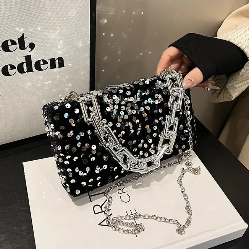 

Fashion Sequin Women's Shoulder Bag 2024 New Chain Small Square Bag Personality High Quality Vintage Evening Party Handbag Woman