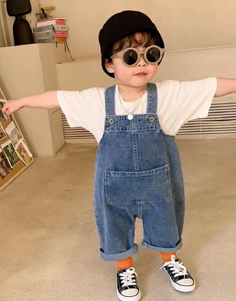 

Overalls Fashion Straight Strapes Denim Baby Boys Blue Loose Pants Wide Leg Kids Trousers For Spring Autumn 1-8 Years