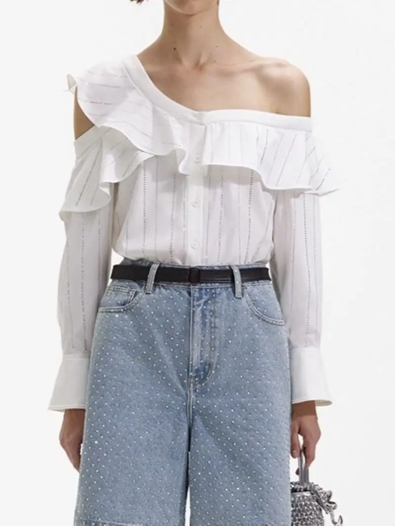 

Women Rhinestone Shirt Striped Ruffled Edge Off-Shoulder Single Breasted Long Flared Sleeve Casual Spring 2024 Blouse