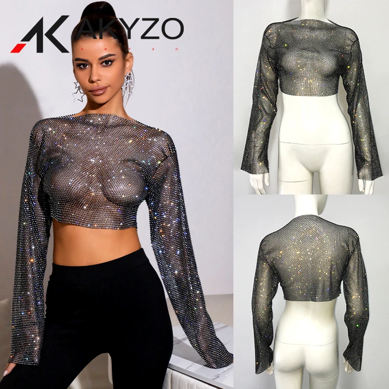 

Women Sparkly Crystal Sheer Mesh Long Sleeve T-shirt Punk Fishnet Glitter Tank Tops Goth See-through Tees Sexy Backless Crop Top