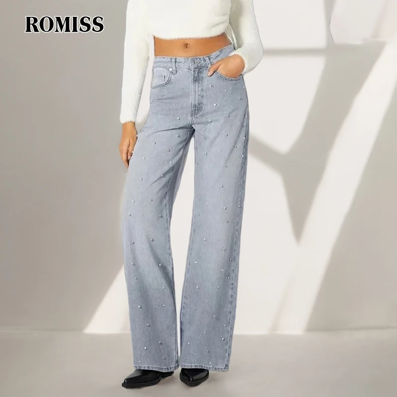 

ROMISS Casual Solid Color Stitching Diamond Jeans Lady High -waisted Stitching Zipper Minimalist Wide leg Pants Female New