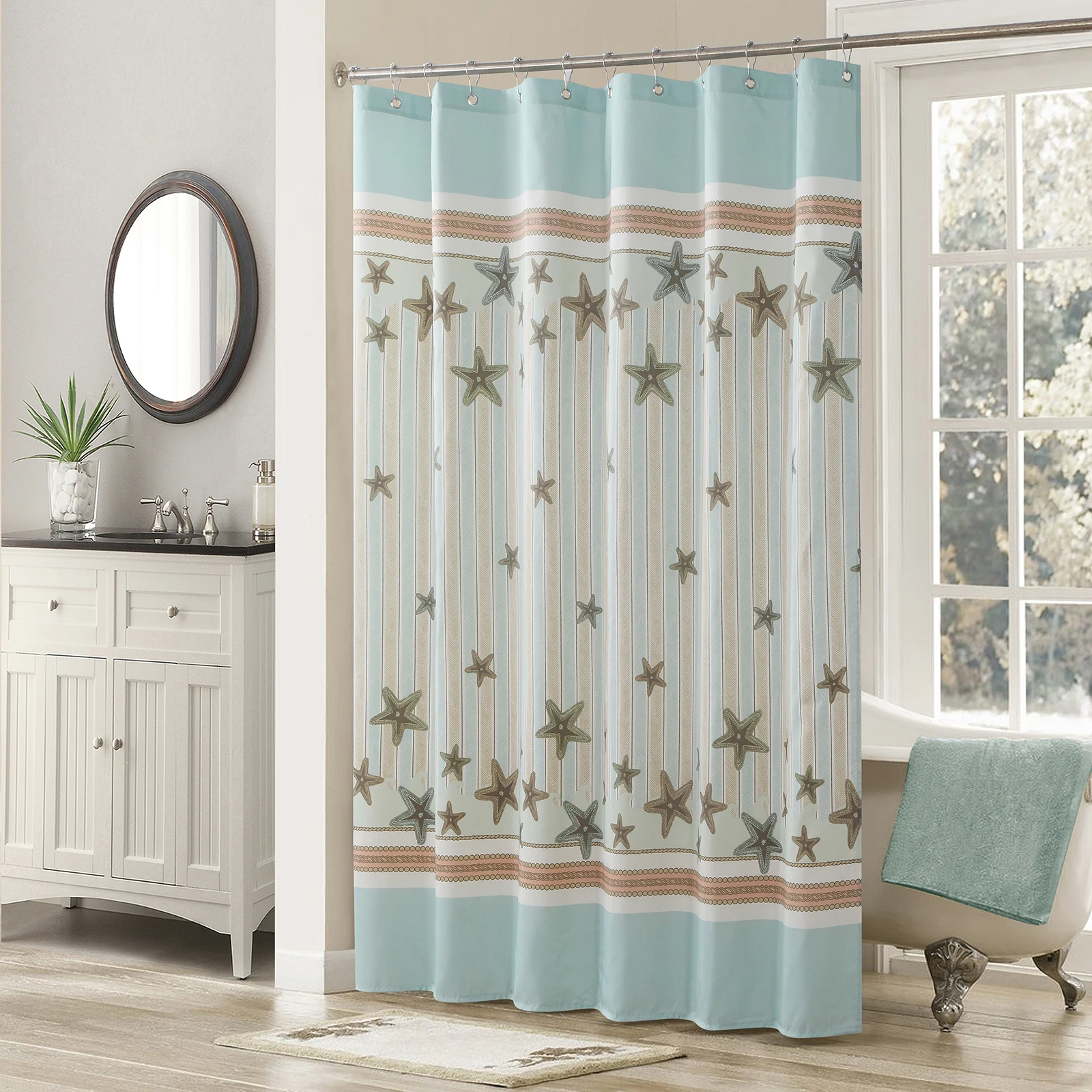 

Tremiti Aqua Starfish Sea Polyester Fabric Ocean Printed Green-Blue Waterproof Shower Curtain