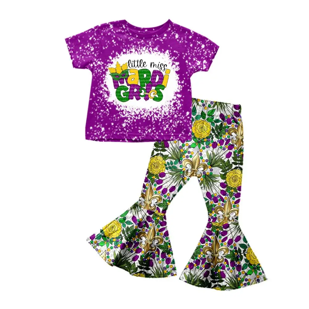 

Toddler Festival Clothing Customized Baby Girl Mardi Gras Suit Short Sleeve Flare Pants Purple Print Cute Holiday Clothing