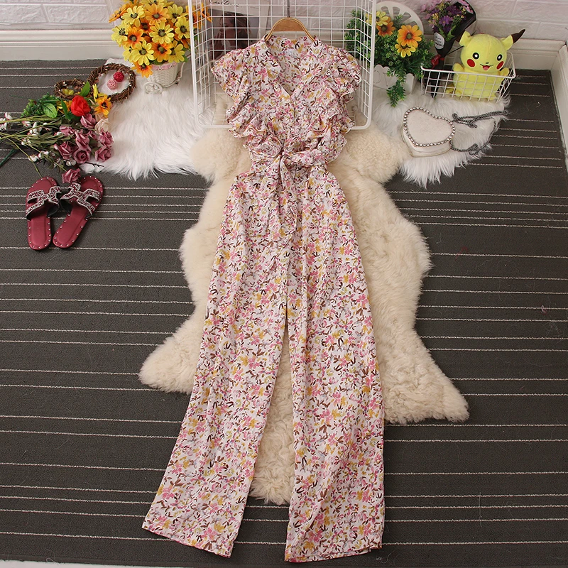 

Chic Ruffle Elegant Floral Print Jumpsuit Vintage Sleeveless High Waist Romper Casual Wide Leg Pants Summer Women Playsuit