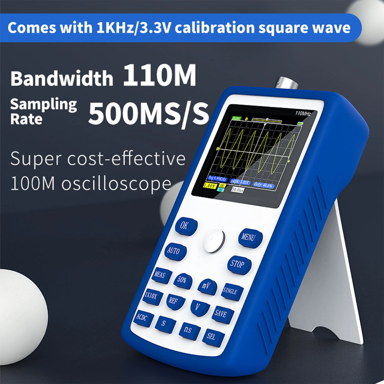 

FNIRSI-1C15 Handheld Mini Portable Digital Oscilloscope 110M Bandwidth 500MSps Sampling Rate 1Khz Square Wave Waveform Storage