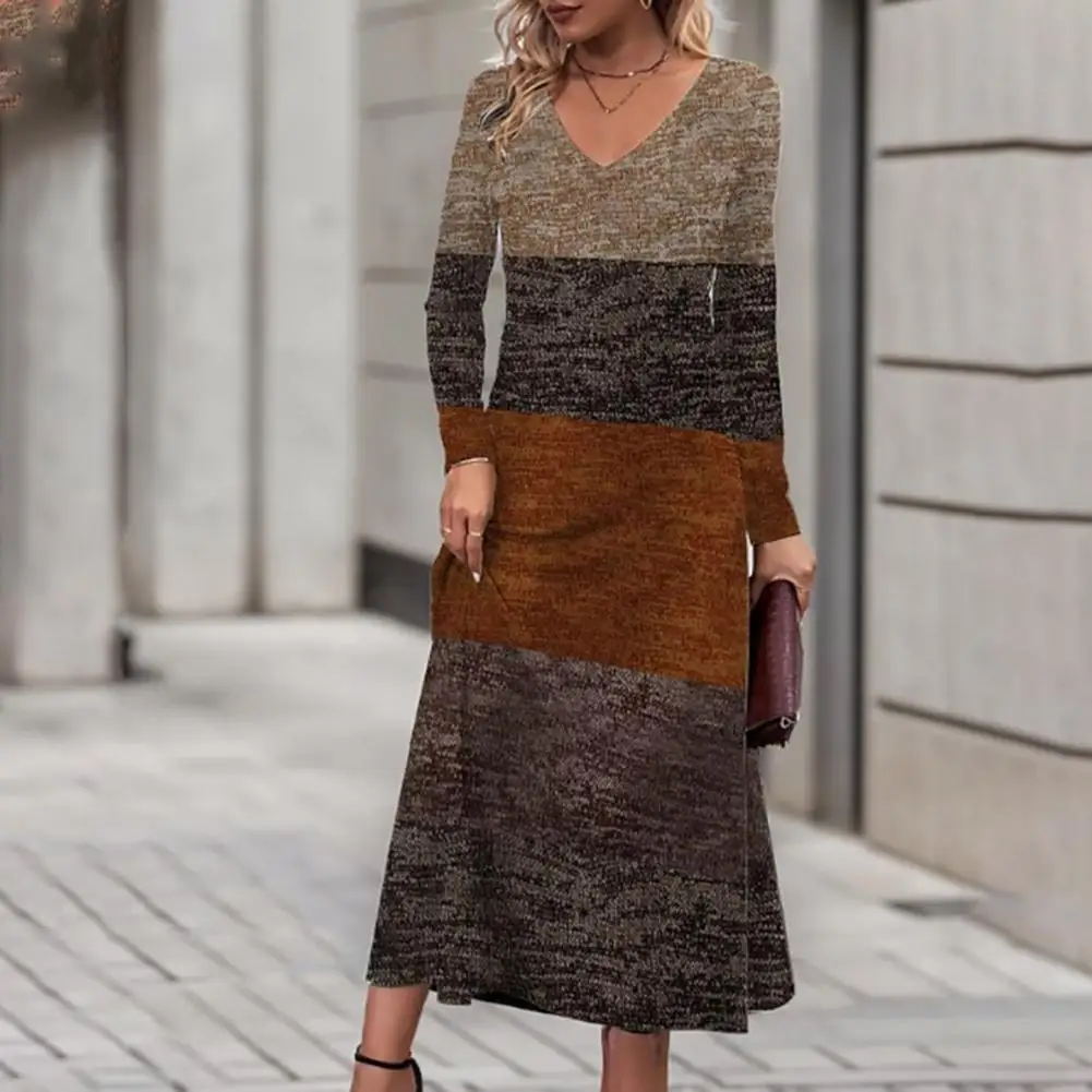 

Women Long Sleeve Dress Long Dress Colorblock Patchwork Sequin V Neck Midi Dress for Women Spring Fall A-line Soft Breathable