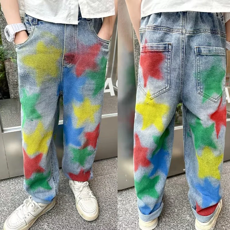 

Boys' Handsome Fashion Brand Star Graffiti Jeans Fashionable Fashion Loose Casual Small Crowd Wide Leg Straight Leg Long Pants