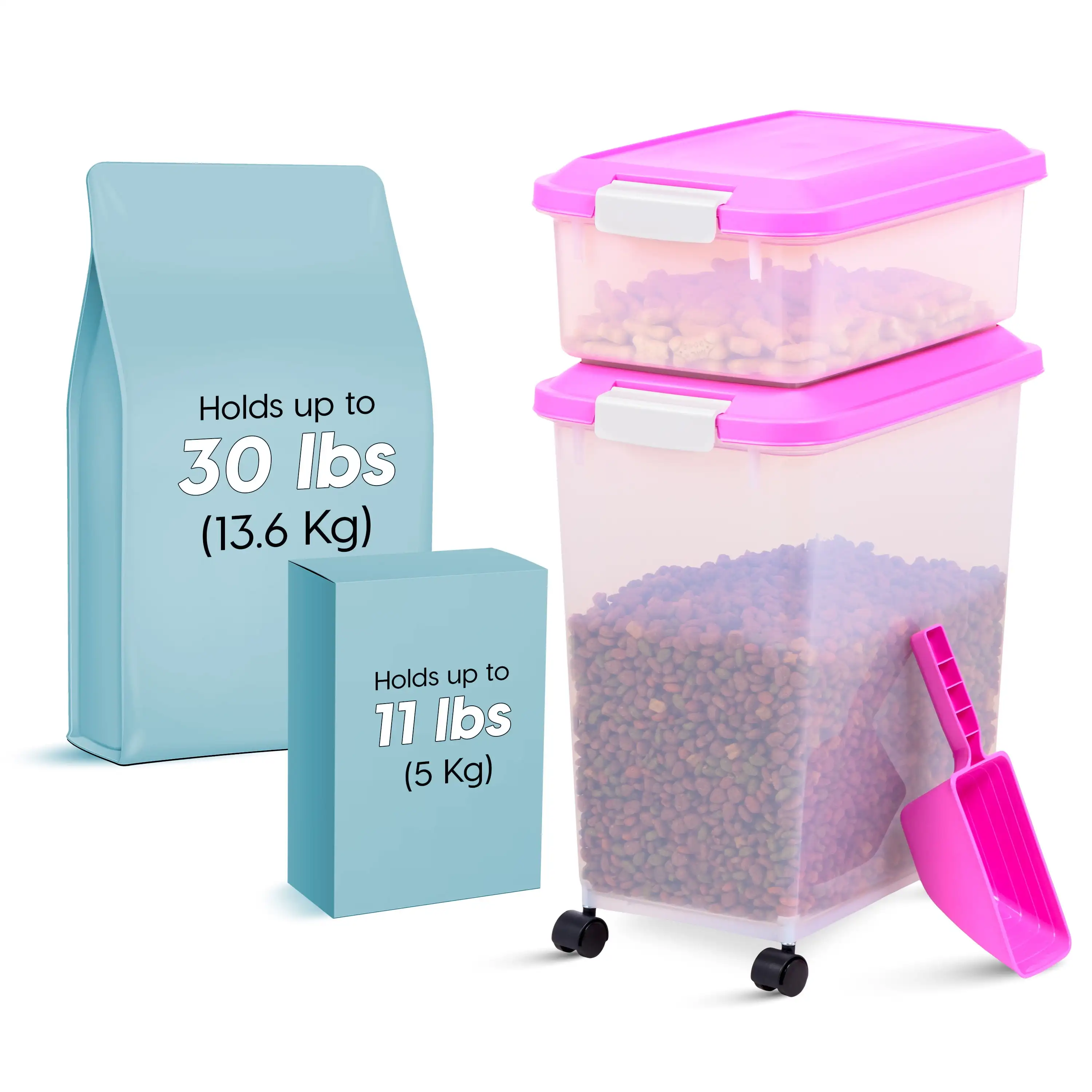 

41 Lb (45 Qt.)3-Piece Airtight Pet Food Container w Scoop for Dog and Cat Food Clear Pink