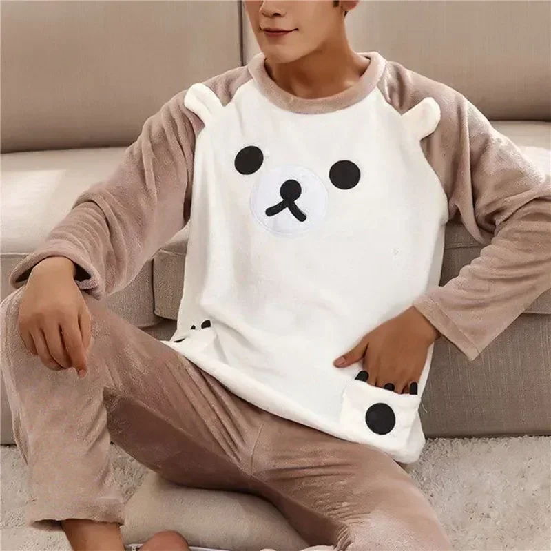 

Coral Winter Velvet Homewear Suit Sleeve Flannel Sleepwear New Men Cute Thick Pyjamas Warm Pajama 2022 Cartoon Sets Long For