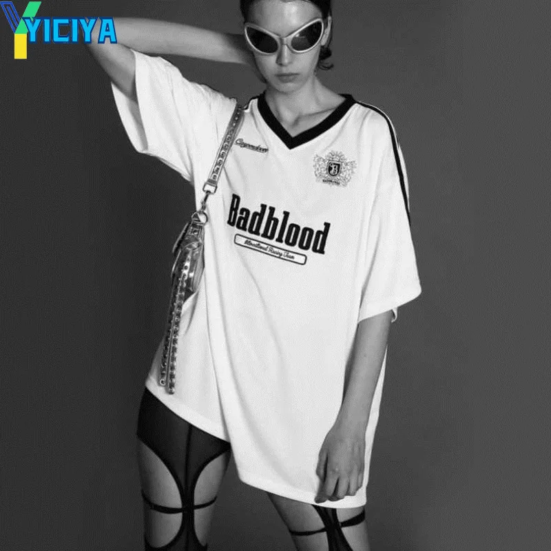 

Футболка YICIYA y2k, укороченный топ, женская синяя футболка оверсайз с V-образным вырезом, летние винтажные блузки с коротким рукавом, футболка, футболка, топы