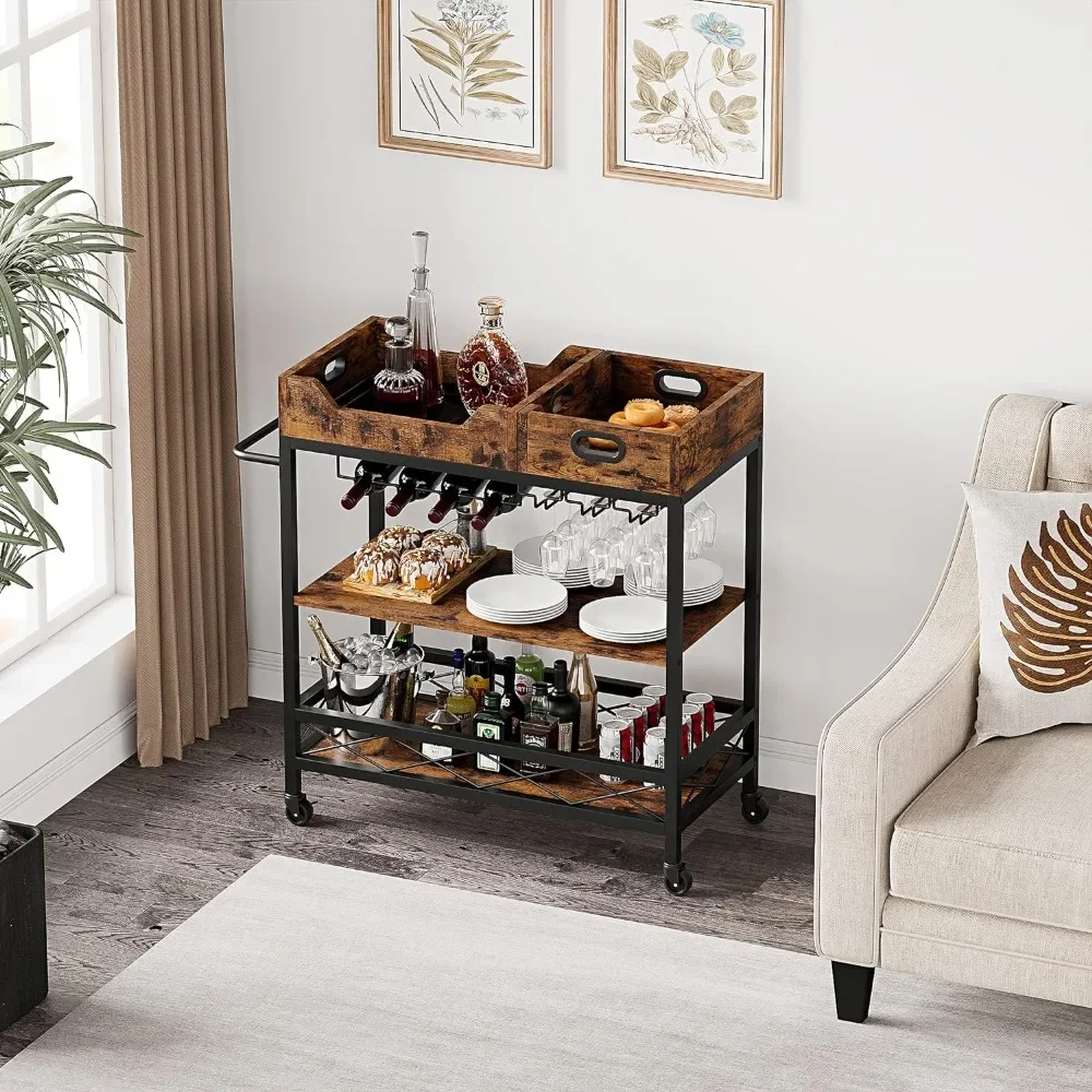 

3 Tier Bar Carts for The Home Carts for Tea and Coffee Rustic Brown Bar Cart With Wheels Kitchen Storage and Organization Hand