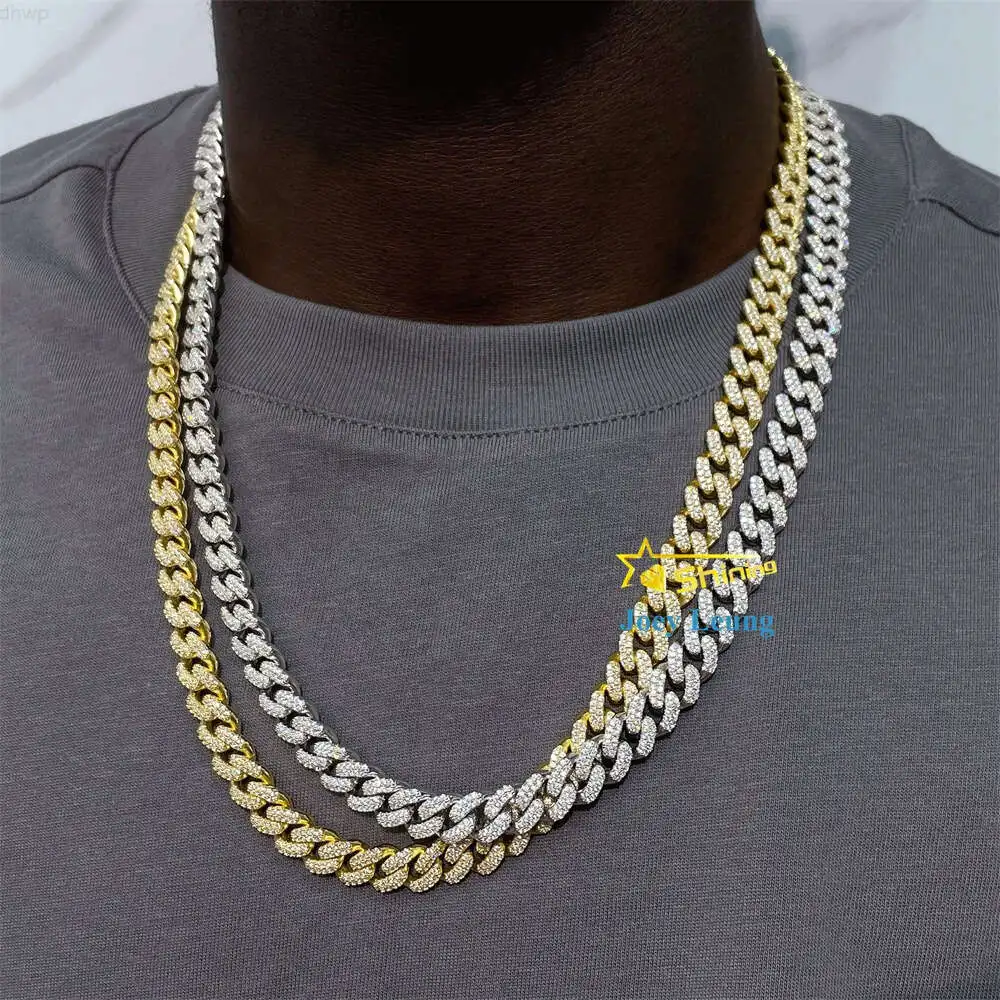 

Hip Hop Jewelry Gold Plated 925 Silver 2 Rows 10mm Moissanite Diamond Iced Out Miami Cuban Link Chain Necklace for Men