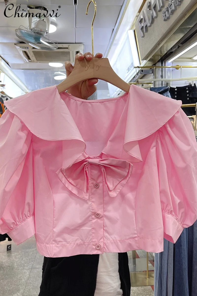 Summer 2022 New Solid Color All-Matching Short High Waist Top Ladies Fashion Sweet Butterfly Doll Collar Puff Sleeve Shirt Women
Summer 2022 New Solid Color All-Matching Short High Waist Top Ladies Fashion Sweet Butterfly Doll Collar Puff Sleeve Shirt Women