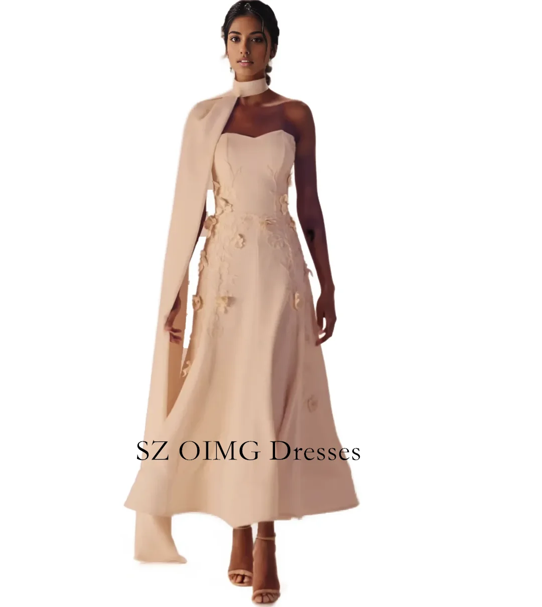 OIMG High Neck Crepe Satin Evening Dress with Cape Ankle Length Appliques Pink Backles Wedding Party Gowns For Women 2024
OIMG High Neck Crepe Satin Evening Dress with Cape Ankle Length Appliques Pink Backles Wedding Party Gowns For Women 2024