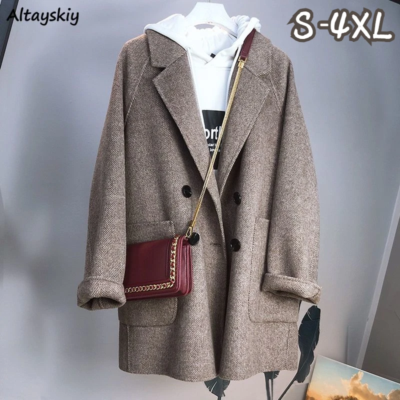 

Woolen Blends Coat for Women Korean Style Classy Autumn Winter Vintage Double-breasted Jacket Mujer Stylish Loose Office Ladies