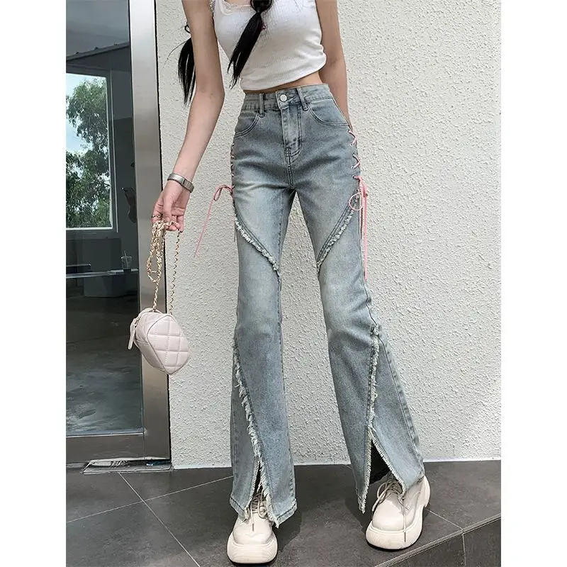 

American Split Jeans Women Fashion Pink Bandage High Waist Irregular Spliced Denim Pants Zipper Fly Trousers Y2k Pantalon Femme