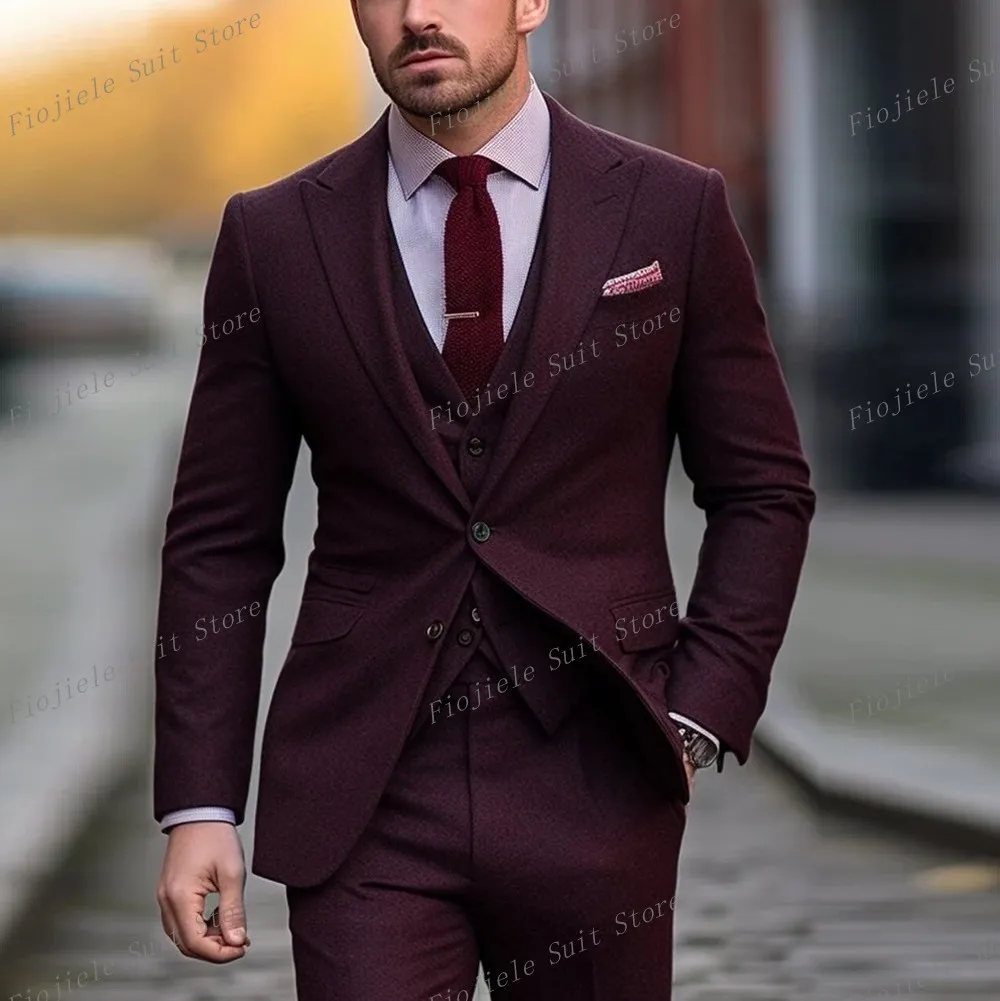 

New Burgundy Male Formal Occasion Tuxedos Men Business Suit Groom Groomsman Wedding Party Prom 3 Piece Set Jacket Vest Pants