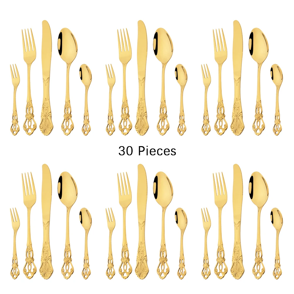 

30pcs Royal Type Gold Cutlery Set Western Kitchen Tableware Stainless Steel Flatware Tea Spoons Fork Knife Dinnerware Silverware