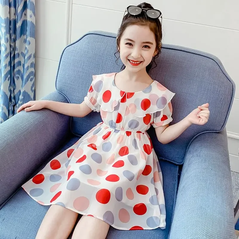

Girl' Dress 2024 New Summer Children's Korean Fashion Chiffon Princess Dress Girls Summer Dress Polka Dot Casual Dresses 6 Years