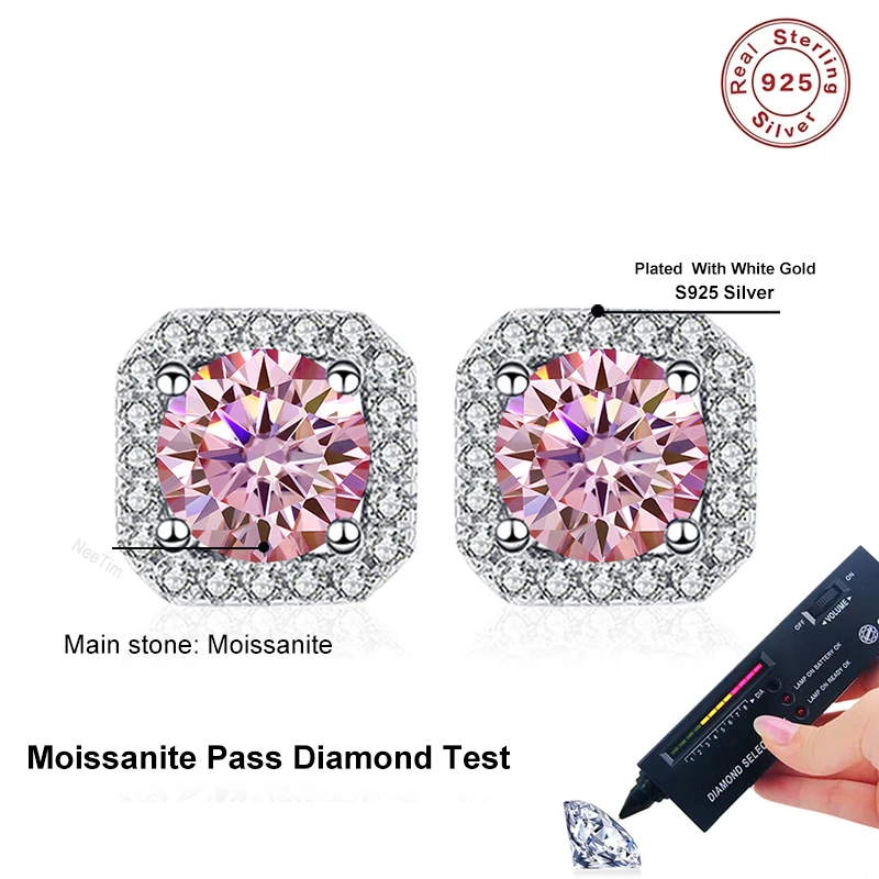 NeeTim 0.5ct 1ct Pink Moissanite Studs Earrings for Women 925 Sterling Silver Black Blue Grey Sparkling Lab Diamond Stud Earring 3 S1ed86e574b65468b95e1a803cfc04024Z