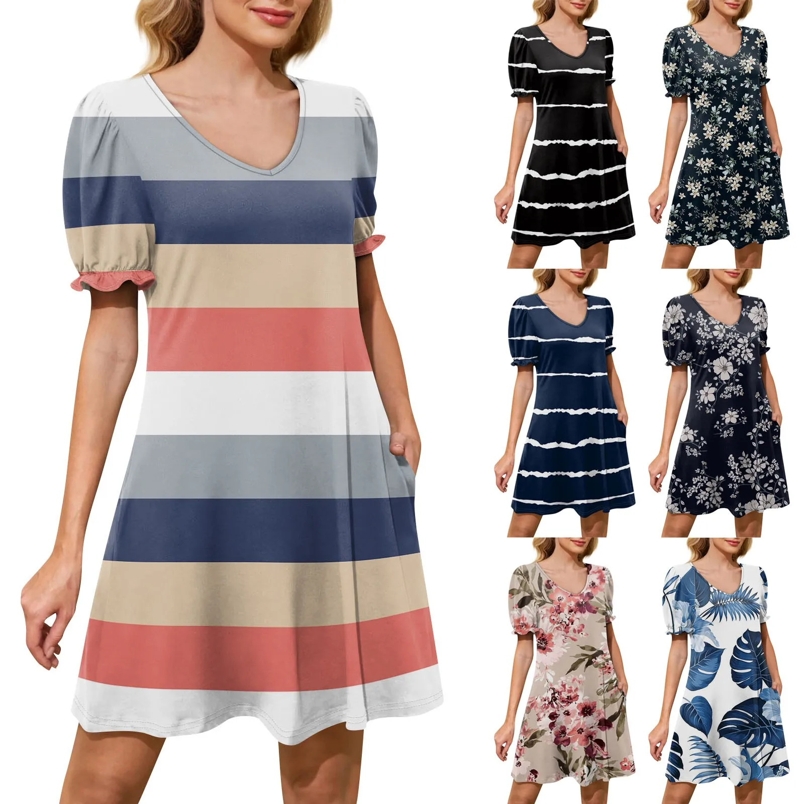 

Women's Casual Dresses Puff Short Sleeved V Neck Cocktail Dress With Pockets Summer Slim-Type Youthful Dresses vestidos femenino