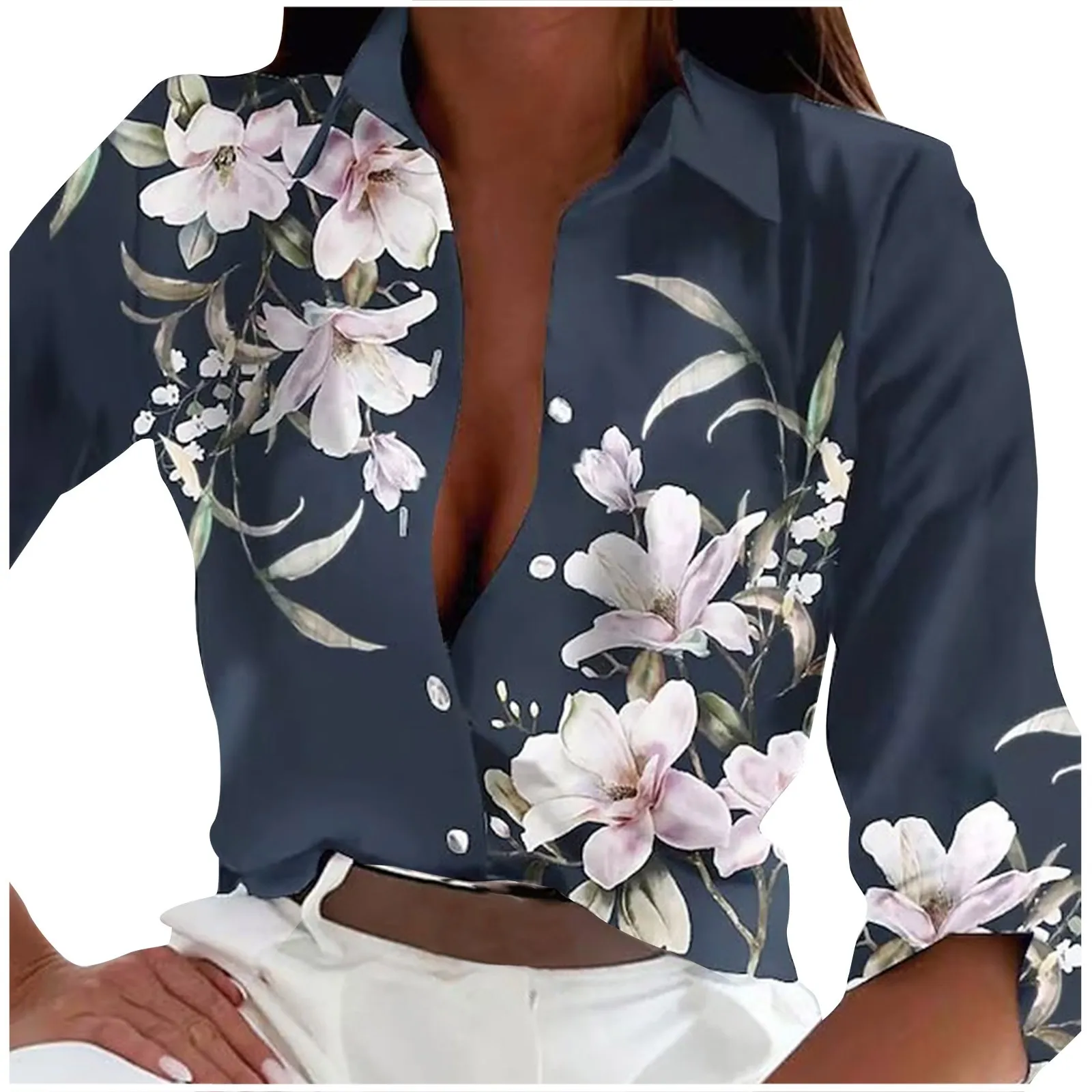 

Women Lapel Button Long Sleeve Shirt Blouses Flower Print Tops Dressy Casual Ladies Shirts High Quality Blusas Holiday Work Wear