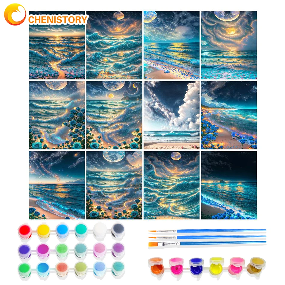 

CHENISTORY Painting By Numbers Seascape Moon Handmade Diy 60x75cm Framed Draw On Canvas Scenery Home Decoration Gift