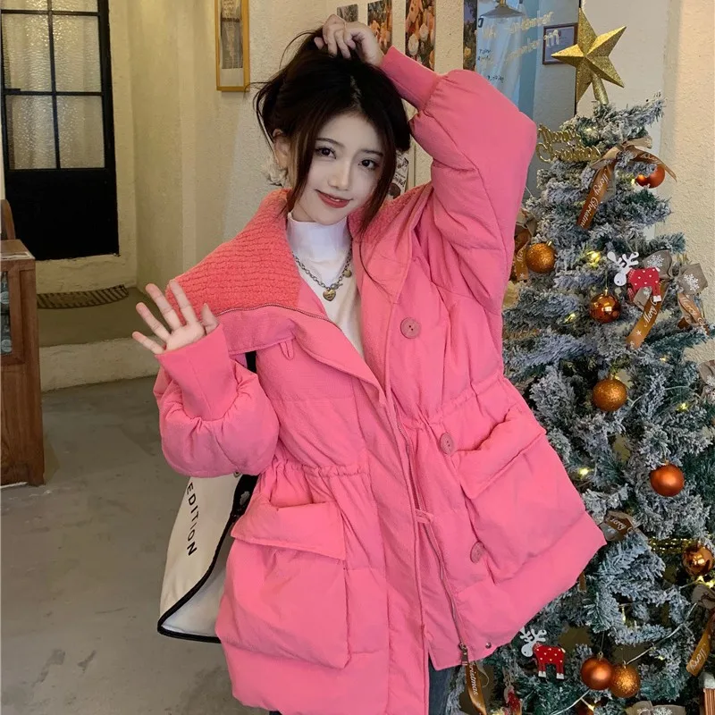 

2023 Winter New Cotton Parkas Women Pocket Warm Bread Gowns Streetwear College Style Down Coat High Waist Wrapped Padded Jacket