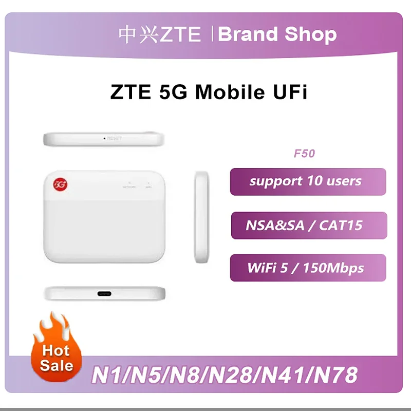 

ZTE F50 5G Pocket Ufi 5G Wireless WIFI Routers Sub-6 SA/NSA N1/5/8/28/41/78 4G Cat15 2.4G/5G Wifi(No battery)