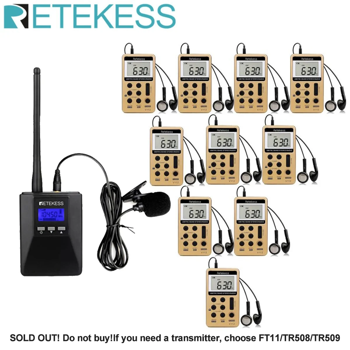 

Retekess TR506 FM Transmitter + 10pcs V112 FM Radio Receiver Tour Guide System Guiding Church Meeting Translation System