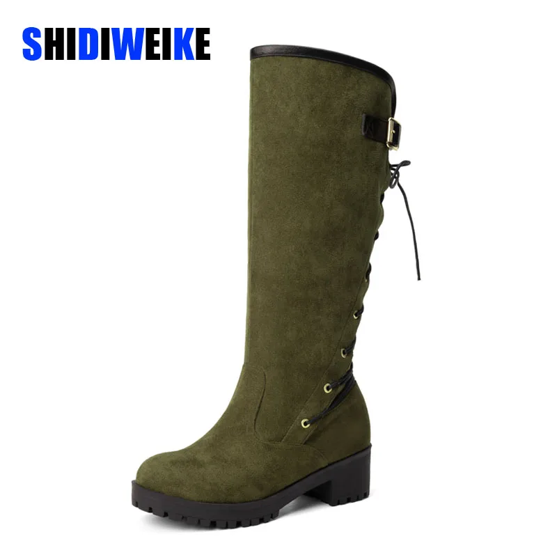 

SDWK/замшевые сапоги до середины икры 4,5 см; Модные женские сапоги до колена на среднем каблуке для верховой езды; Женская обувь на шнуровке; Большие размеры 42, 43