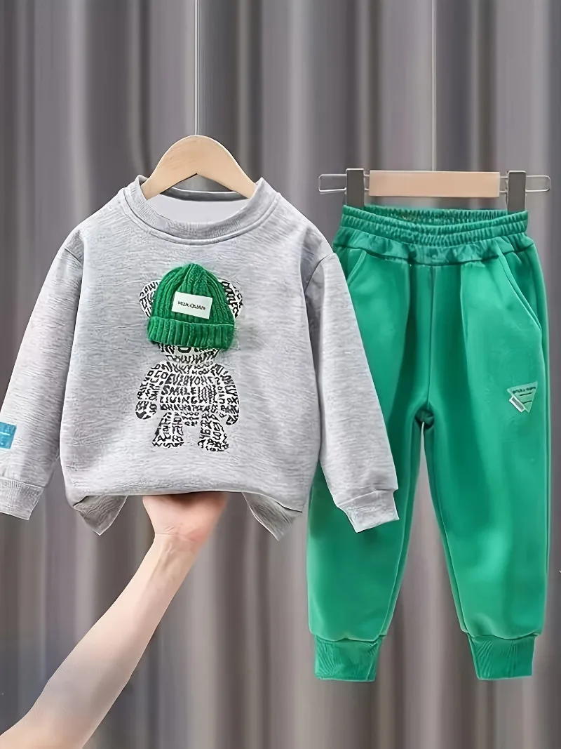 

Комплект одежды из 2 предметов для мальчиков и девочек, свитер с капюшоном и штаны с мультяшным медведем, пуловер, одежда на весну