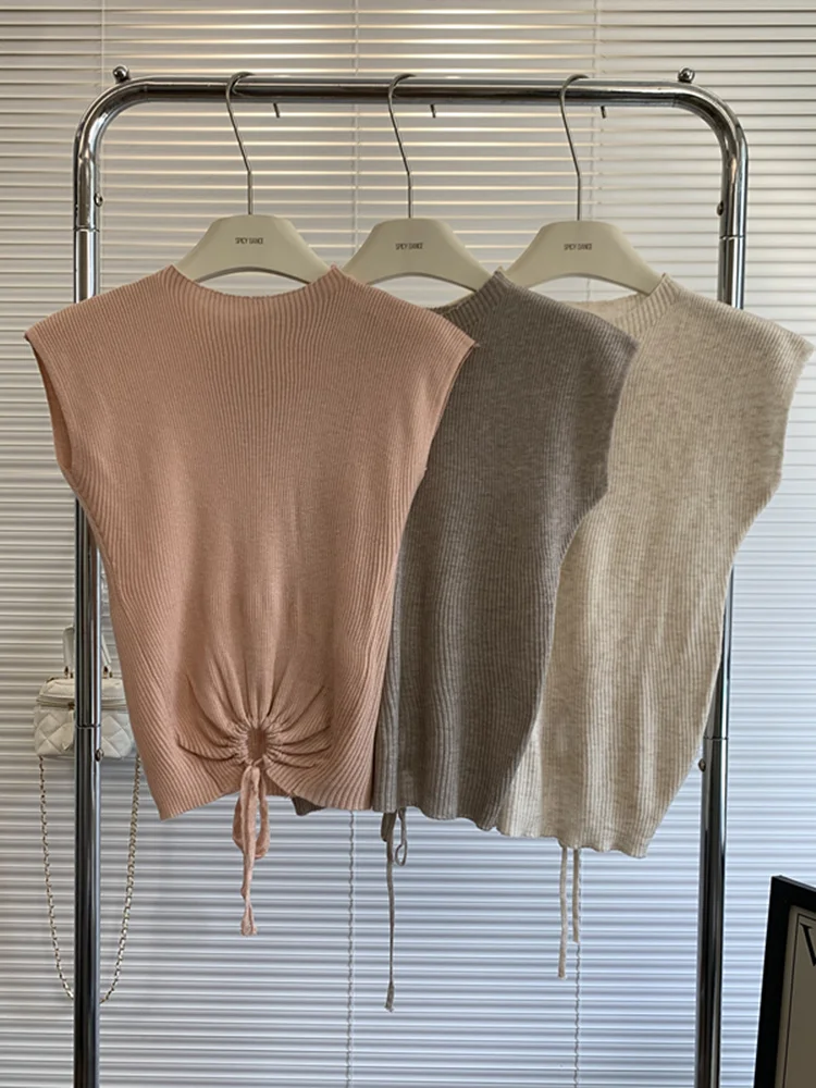 Женские трикотажные топы без рукавов, ажурные пуловеры с коротким рукавом, простая облегающая трикотажная одежда без рукавов и с высоким воротником, новинка на лето 
Женские трикотажные топы без рукавов, ажурные пуловеры с коротким рукавом, простая облегающая трикотажная одежда без рукавов и с высоким воротником, новинка на лето