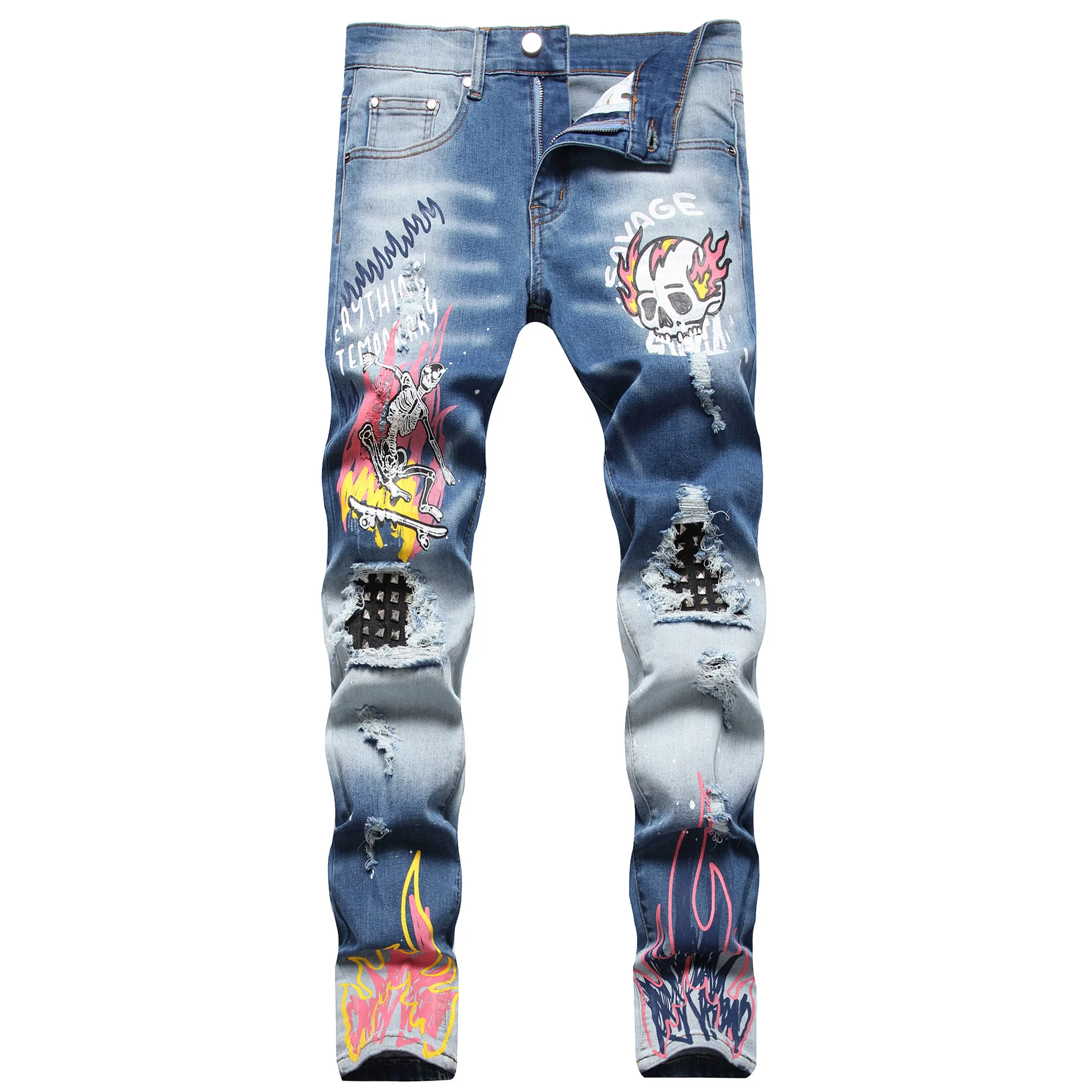 men's jeans cotton trendyol streetwear Punk motorcycle ripped Skull and bones printed male jeans
men's jeans cotton trendyol streetwear Punk motorcycle ripped Skull and bones printed male jeans