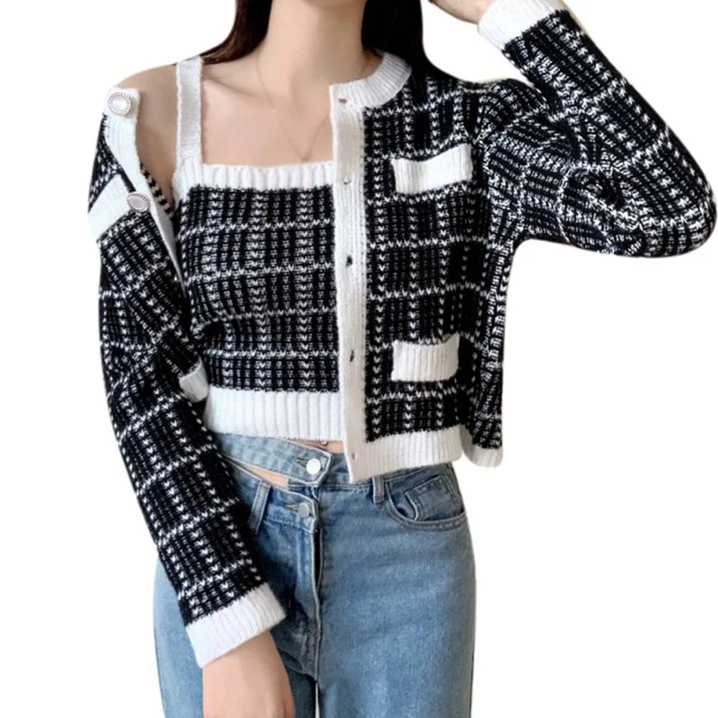 Fall/Spring Fashion Korean Style Casual Versatile Retro Sweet Cute Plaid Print Knitted Slim Camisole Cardigan Two-Piece Suit
Fall/Spring Fashion Korean Style Casual Versatile Retro Sweet Cute Plaid Print Knitted Slim Camisole Cardigan Two-Piece Suit