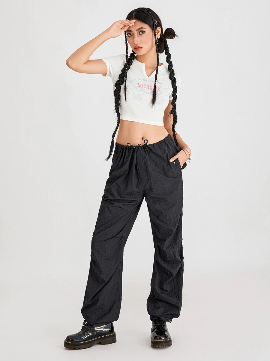 

Women s Baggy Jogger Cargo Pants High Waist Solid Color Parachute Pants Drawstring Sweatpants