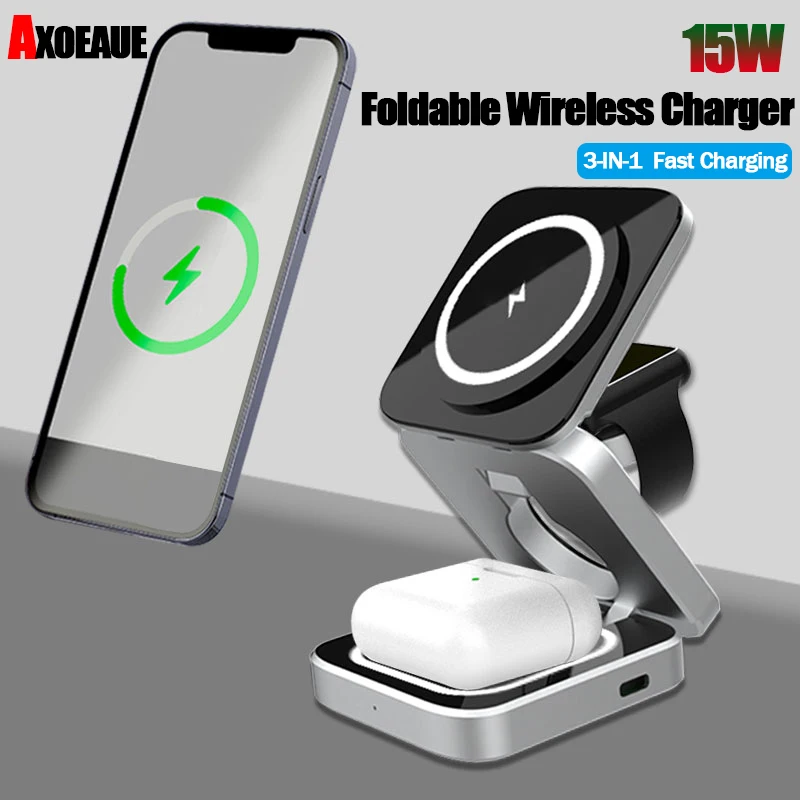 

AXOEAUE 3 In 1 Fast Charge Wireless Charger for iPhone 15 14 13 12 Pro Max Foldable For Magsafe Charging Station for Airpods