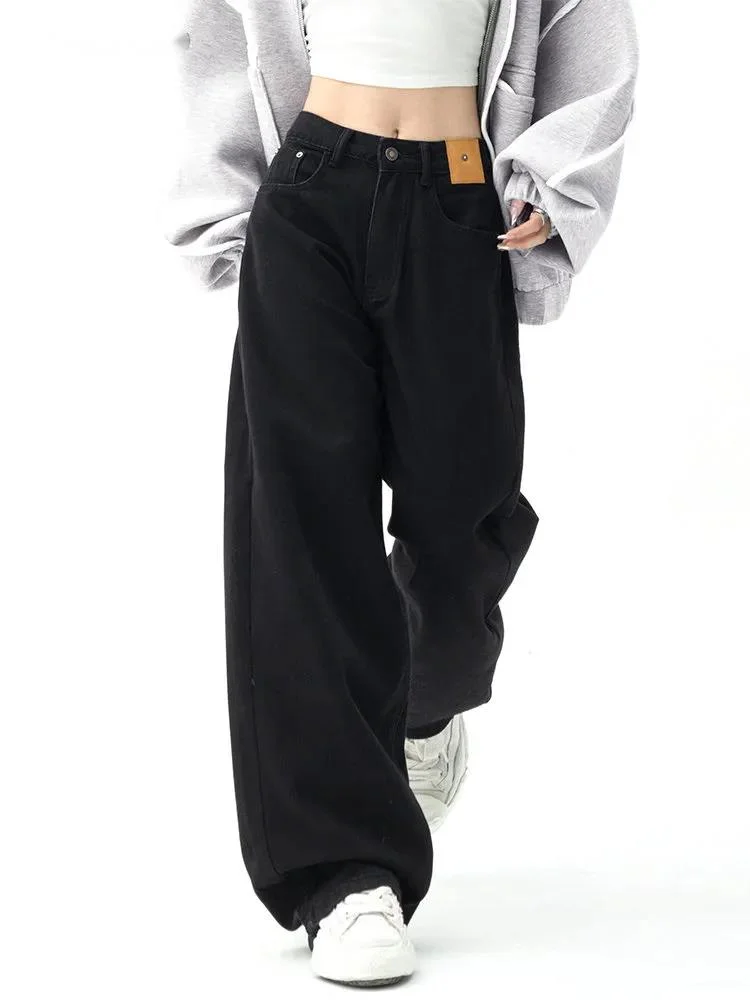 

Черные Мешковатые прямые джинсы для женщин, корейская мода, уличная одежда, высокая талия, Широкие джинсовые штаны, женские свободные джинсы, брюки Y2K