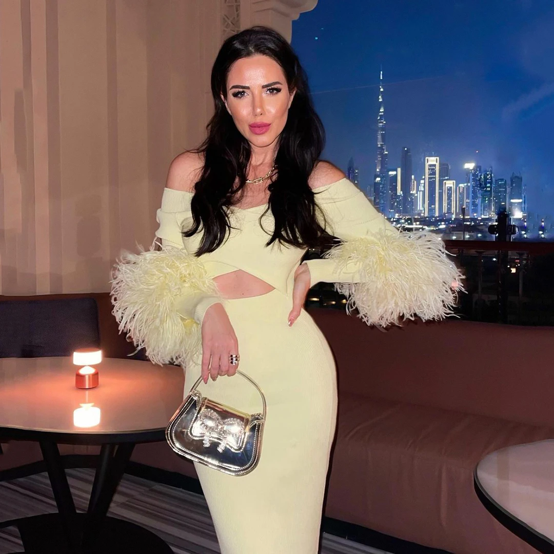 

Yellow Color Women Long Sleeve Sexy Slash Neck Feathers Bodycon Mid-calf Bandage Dress Celebrity Red Carpet Evening Party Dress