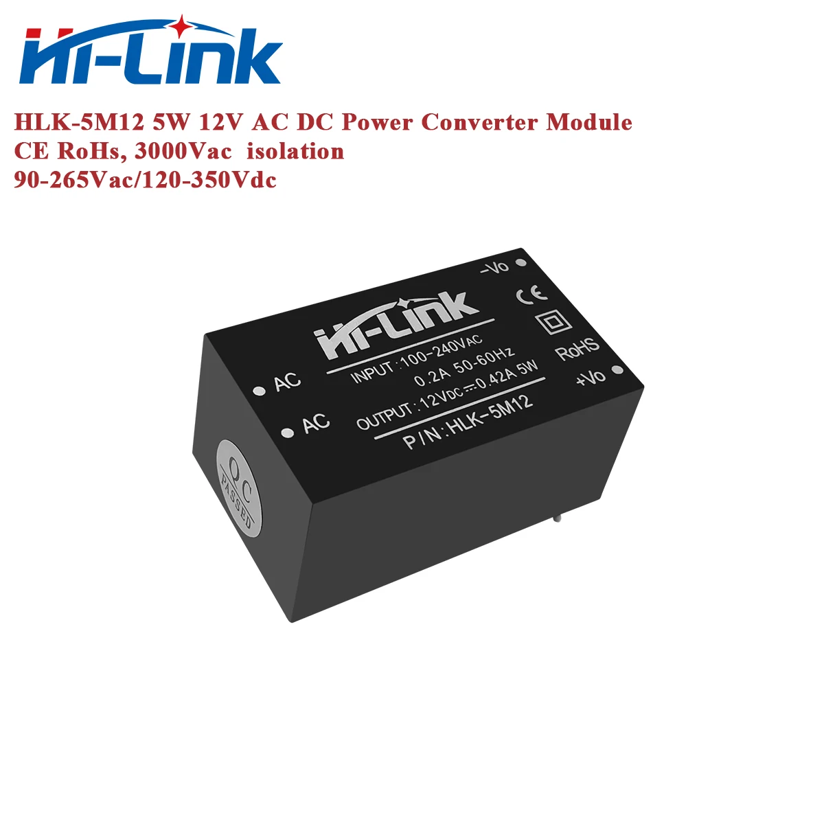 

HiLink 100pcs HLK-5M12 220V to 12V 5W AC DC Power Supply Converter Module CE RoHs Free Ship