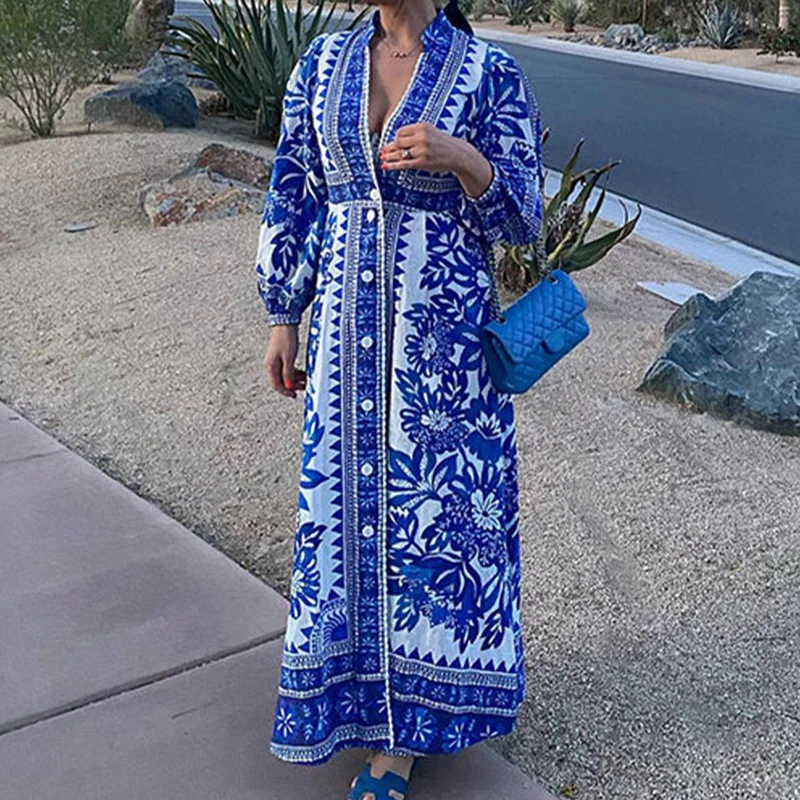 Женское богемное платье с V-образным вырезом и принтом, весенне-летнее Свободное платье с длинным рукавом, Новые повседневные однобортные праздничные платья
Женское богемное платье с V-образным вырезом и принтом, весенне-летнее Свободное платье с длинным рукавом, Новые повседневные однобортные праздничные платья