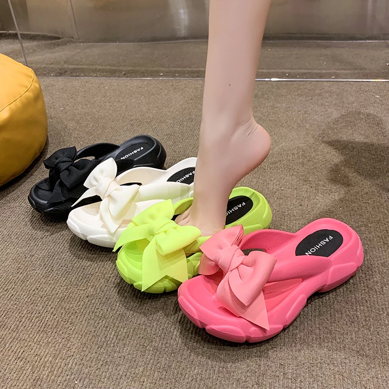 

0117 Fashion Bowknot Platform Flip Flop for Women 2023 Summer Beach Non Slip Wedge Slippers Woman Thick Sole Clip Toe Slides San