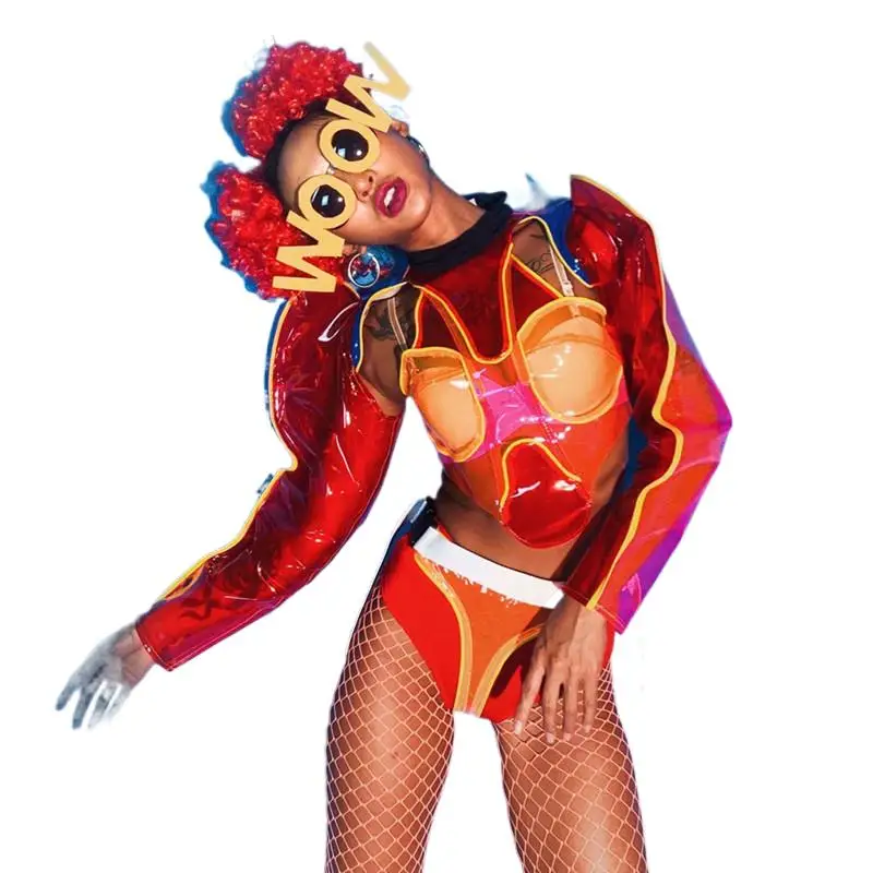 

Nightclub Bar Female Singer DJ Jazz Dance Costumes Red Transparent Bodysuit Future Technology Sexy Stage Performance Clothes