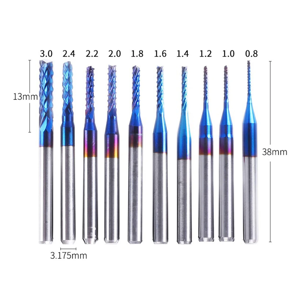 10pcs/set End Mill Engraving Bits Set Nano Blue Coated CNC Router Bits Cutting Milling Cutter 1/8" Shank Carbide Milling Tools
10pcs/set End Mill Engraving Bits Set Nano Blue Coated CNC Router Bits Cutting Milling Cutter 1/8" Shank Carbide Milling Tools