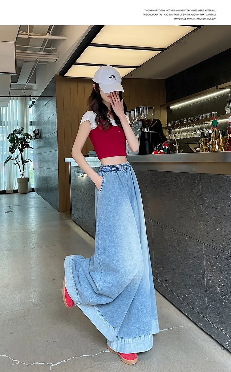 Summer Vintage Womens Loose Denim Wide Leg Pants Ladies Casual Elastic Waist Jeans Oversized Trousers Summer Vintage Womens Loose Denim Wide Leg Pants Ladies Casual Elastic Waist Jeans Oversized Trousers